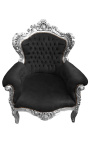 Big baroque style armchair black velvet and silver wood