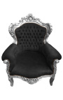 Grand fauteuil de style baroque velours noir et bois argent