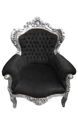 Gran sillón de estilo barroco terciopelo negro y madera de plata