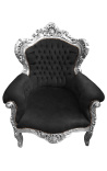 Big baroque style armchair black velvet and silver wood