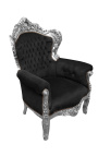 Didelis baroko stiliaus fotelis juodas aksomas ir sidabro mediena