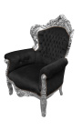 Big baroque style armchair black velvet and silver wood