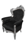 Grand fauteuil de style baroque velours noir et bois argent