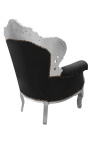 Grand fauteuil de style baroque velours noir et bois argent