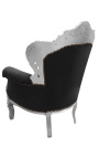 Grand fauteuil de style baroque velours noir et bois argent