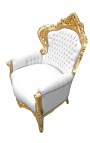 Grand fauteuil de style baroque tissu simili cuir blanc et bois doré