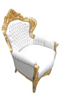 Duży fotel w stylu barokowym, biała ekoskóra i złote drewno