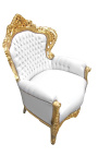 Grand fauteuil de style baroque tissu simili cuir blanc et bois doré