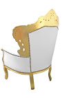 Big baroque style armchair white faux leather and gold wood