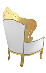 Gran sillón de estilo barroco de cuero blanco y madera de oro