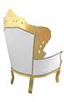 Grand fauteuil de style baroque tissu simili cuir blanc et bois doré