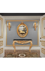 Console de style baroque Louis XV Rocaille en bois doré et marbre noir