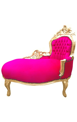 Chaise longue barroca tela de terciopelo fucsia y madera dorada