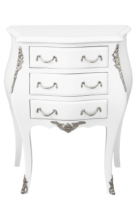 Noční stolek (Noční stolek) barokní bílé dřevo lakovaný stříbrný bronz se 3 zásuvkami