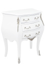 Nightstand (Bedside) baroque white wood lacquered silver bronze with 3 drawers