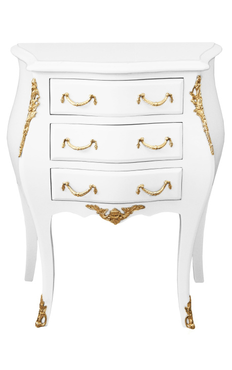 Table de nuit (chevet) commode baroque laquée blanc bronzes dorés