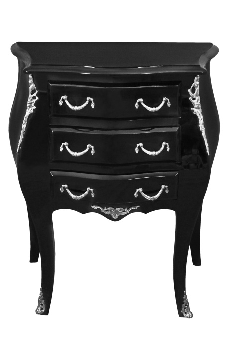 Table de nuit (chevet) commode baroque en bois noir bronzes argentés avec 3 tiroirs