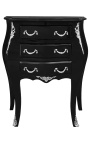 Comodino comò barocco in legno nero bronzi argento con 3 cassetti