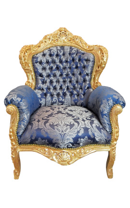 Голям бароков фотьойл в синьо "Гоблени" дамаска и златно дърво