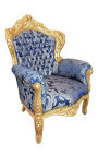 Veliki baročni sedež, modri "Šablone" tkanina in zlato les