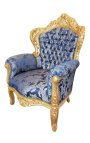 Bbig baroque style armchair blue "Gobelins" fabric and gold wood