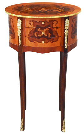 Noční stolek (Noční stolek) oválný intarzie Ludvíka XVI. s květinovými vzory a bronzem