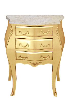 Nočna omarica (posteljna) baročna lesena zlata z bež marmorjem