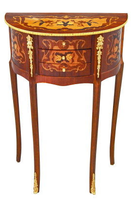 Nightstand (Bedside) half round style Louis XVI marquetry with flowers motives and bronze 