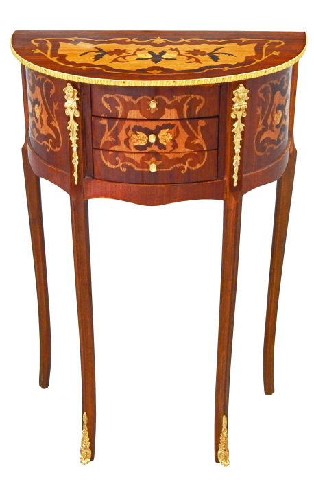 Nightstand (Bedside) half round style Louis XVI marquetry with flowers patterns and bronze 