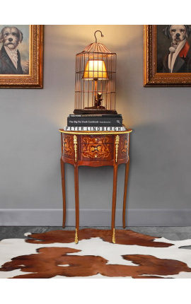 Table de nuit (chevet) demi-lune de style Louis XVI avec marqueterie fleurie et bronzes