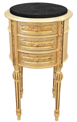 Mesilla de noche (cabecera) tambor de madera dorada, 3 cajones y mármol negro