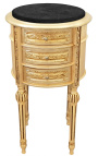 Table de nuit (chevet) tambour bois doré, 3 tiroirs et marbre noir