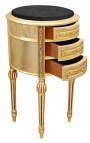 Table de nuit (chevet) tambour bois doré, 3 tiroirs et marbre noir
