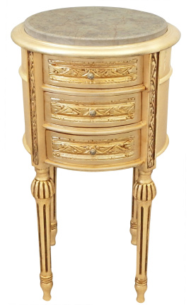 Nachttisch (Bedside) Drum Gold Holz 3 Schubladen, beige Marmor