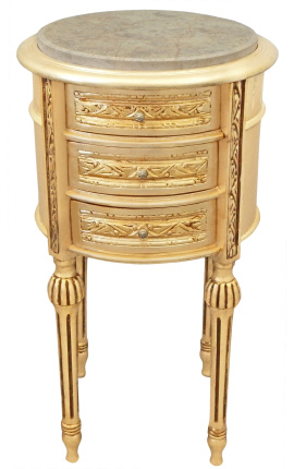 Mesilla de noche de madera dorada de tambor con 3 cajones, mármol beige