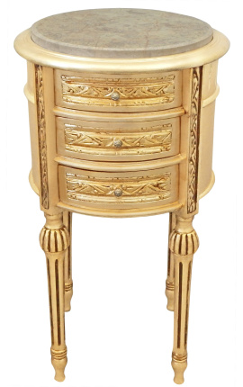 Yöpöydän rumpu kulta puu 3 laatikkoa, beige marmori