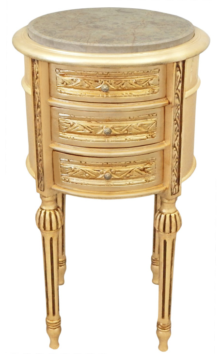 Comodino tamburo legno dorato con 3 cassetti, marmo beige