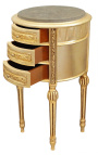 Table de nuit (chevet) tambour bois doré avec 3 tiroirs, marbre beige