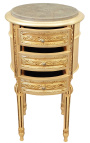 Nattduksbord (Sängbord) trumma guld trä 3 lådor, beige marmor