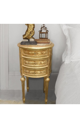 Naktsskapītis (gultas malā) bungas zelta koka 3 atvilktnes, bēšs marmors