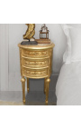 Nattduksbord (Sängbord) trumma guld trä 3 lådor, beige marmor
