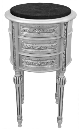 Criado-mudo (cabeceira) tambor prata com 3 gavetas e mármore preto