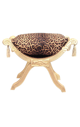 "Dagobert" bench leopard gedrukte stof en goud hout