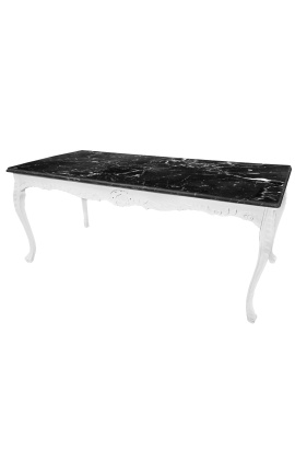 Grande table de repas baroque en bois laqué blanc et marbre noir