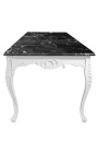 Grande table de repas baroque en bois laqué blanc et marbre noir