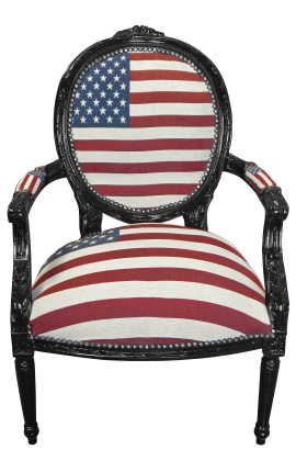 Бароков фотьойл в стил Луи XVI медальон с американско знаме и бял плат и черно лакирано дърво 