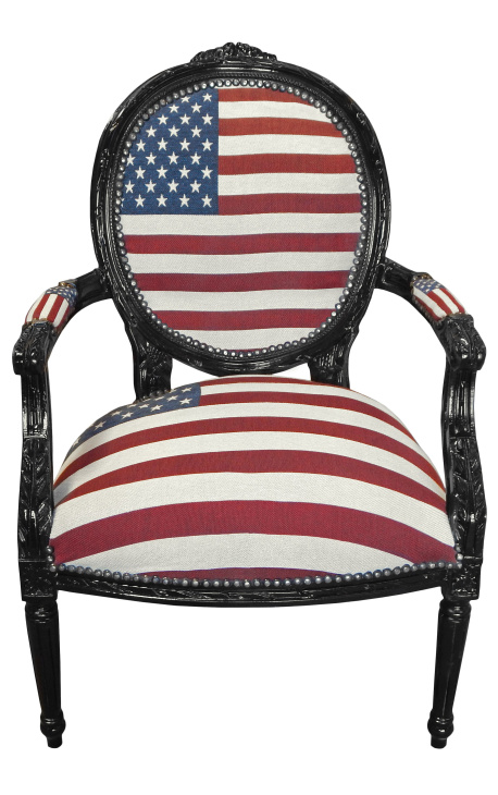 Barokke fauteuil Lodewijk XVI-stijl medaillon Amerikaanse vlag en witte stof en zwart gelakt hout 