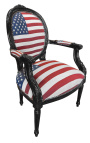 Barocker Sessel im Louis XVI-Stil mit Medaillon amerikanischer Flagge und weißem Stoff und schwarz lackiertem Holz 