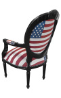 Baroque armchair Louis XVI style medallion American Flag and white texture and black lacquered wood 