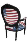 Barocker Sessel im Louis XVI-Stil mit Medaillon amerikanischer Flagge und weißem Stoff und schwarz lackiertem Holz 